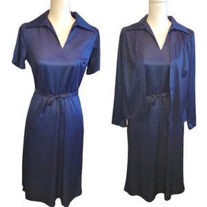 Vintage 70s 80s Womens Polka Dot Blue 2 Pc Sheath Dress Midi‎ Small 4/6/8